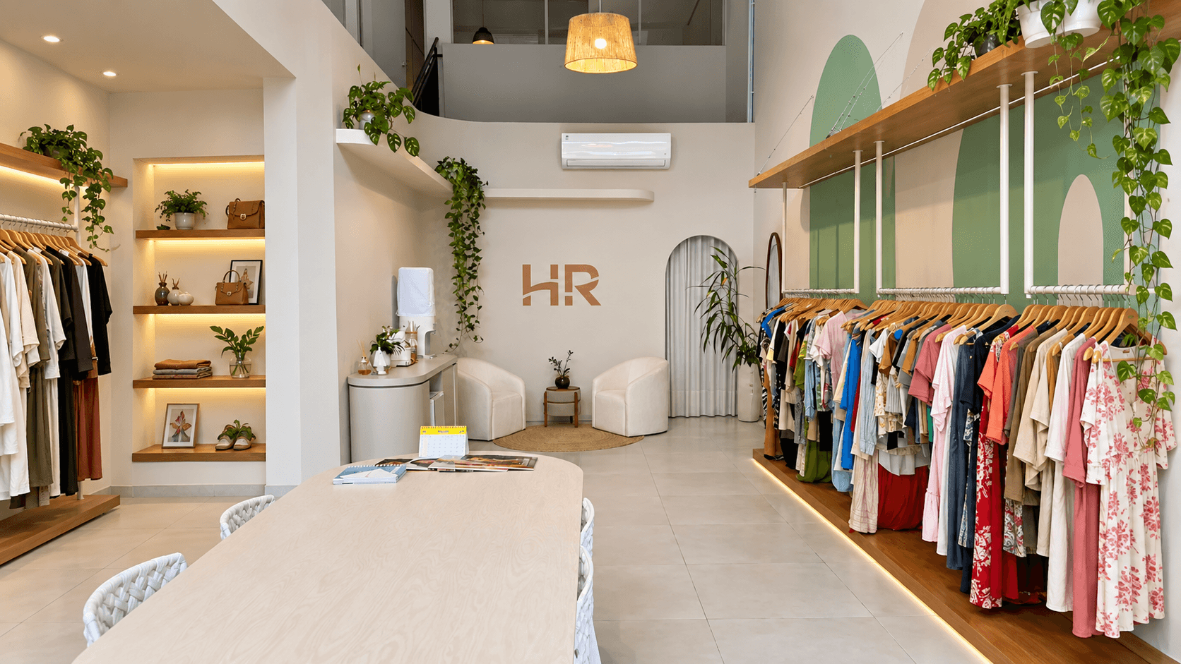 Showroom da Hoffmann em Jaraguá do Sul: parede creme com o monograma HR, poltronas de atendimento, arara de roupas da temporada e plantas.